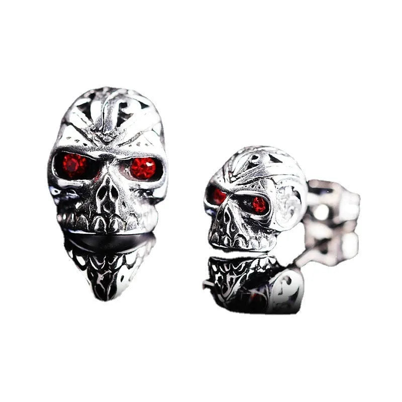 Red eye ghost head skull stud earrings in electroplated alloy with artificial gemstone inlay