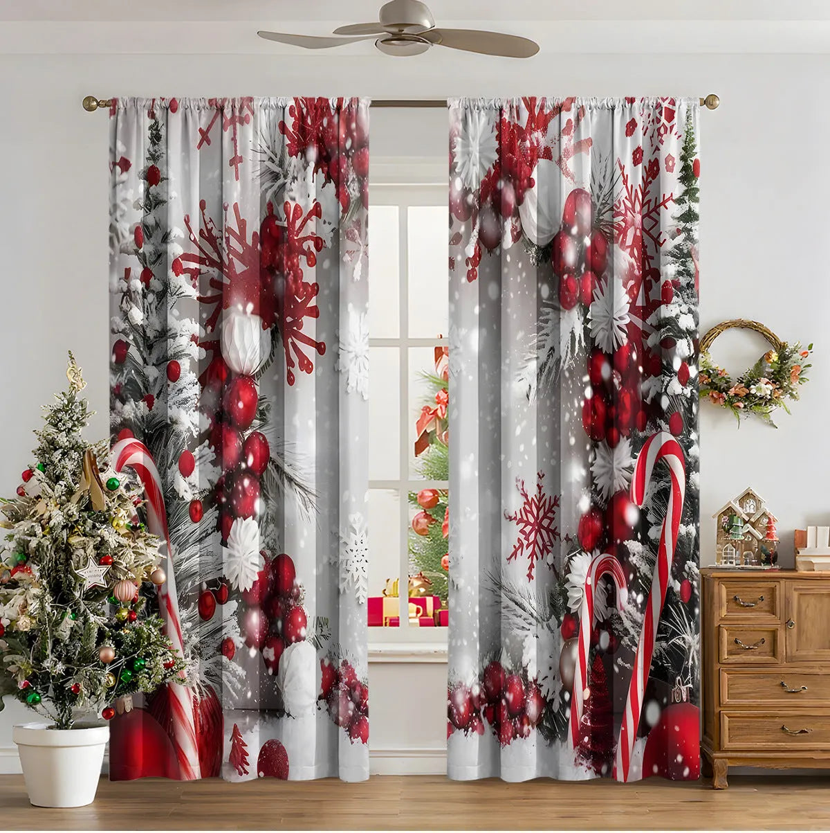3D digitally printed Christmas curtain with modern simplicity design showing festive imagery