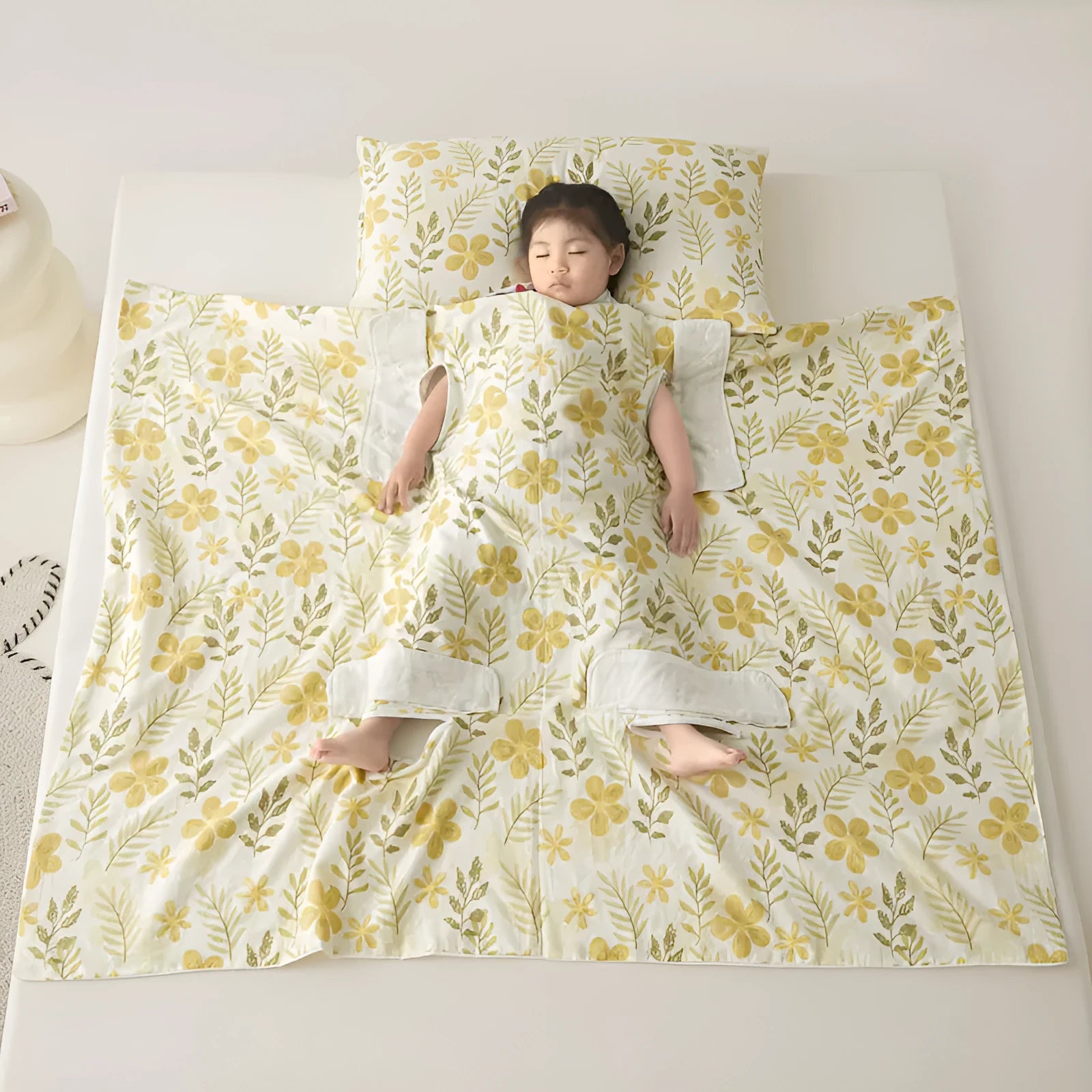Anti-kick sleeping bag blanket in a summer design on a bed, showing its lightweight texture.