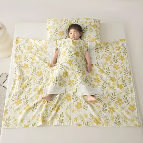 Anti-kick sleeping bag blanket in a summer design on a bed, showing its lightweight texture.