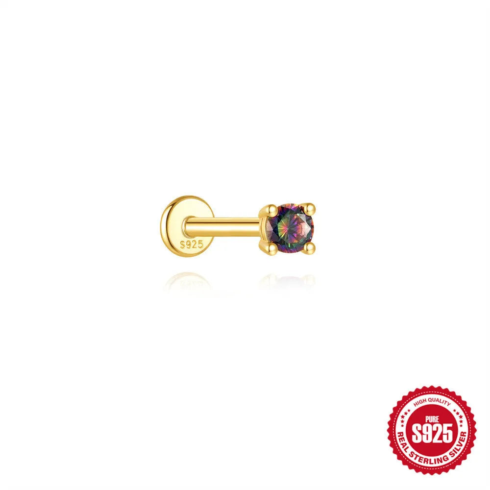 S925 sterling silver piercing earrings with super shiny rainbow stone and flat head thread in gold colour