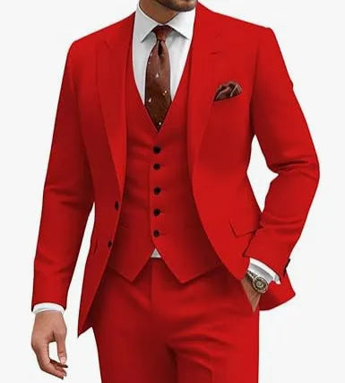 Men's slim fit three-piece suit in a bright red colour, featuring a jacket, waistcoat, and trousers.