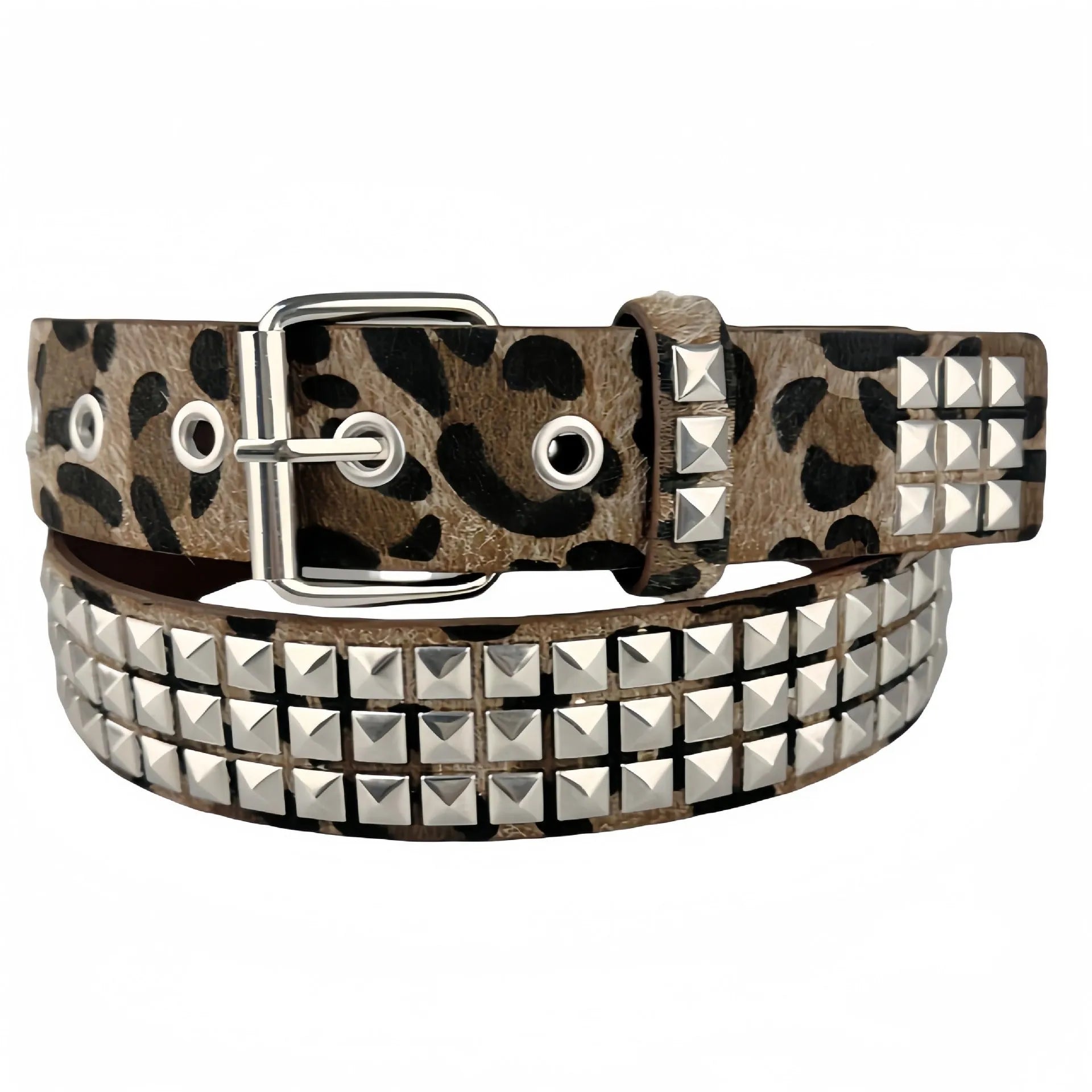 Women's brown leopard print punk belt with metal pyramid studs and an alloy buckle.