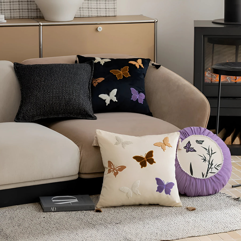 Butterfly embroidered Chinese style cushion in beige black purple colours measuring 45x45cm