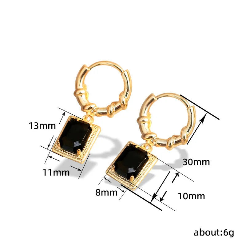 Black geometric copper drop earrings with quadrilateral French court retro design