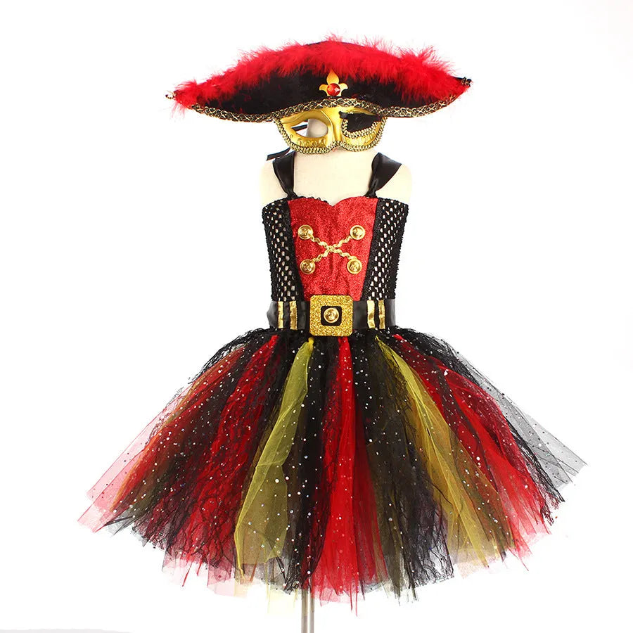 Pirates of the Caribbean inspired sleeveless dress costume for girls with sequin and mesh detailing.