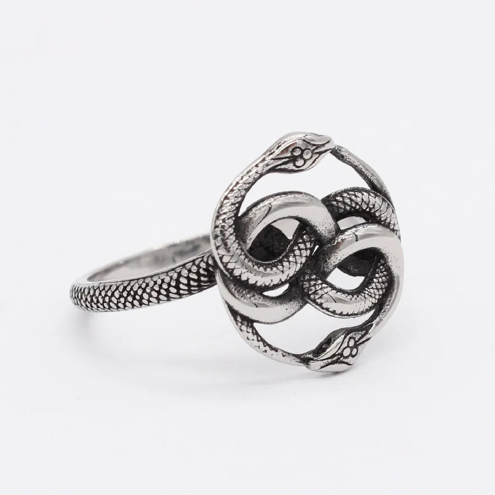 Steel-coloured titanium steel ring with an entwined double snake retro design.