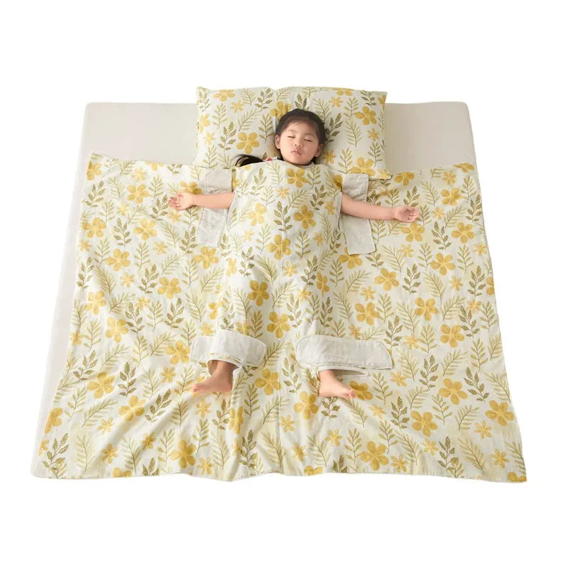 Anti-kick sleeping bag blanket in a summer design on a bed, showing its lightweight texture.