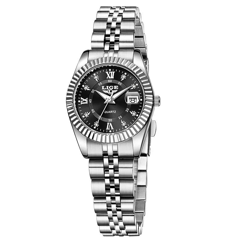 Women's waterproof quartz fashion watch with a 10mm thick case in a gold and black colour variant.