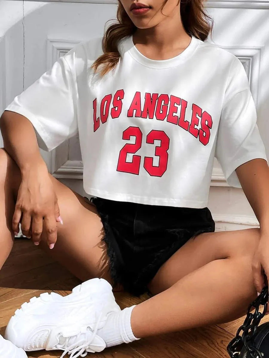 Women's personalised cotton T-shirt with English letters and navel-exposing summer design in black or white