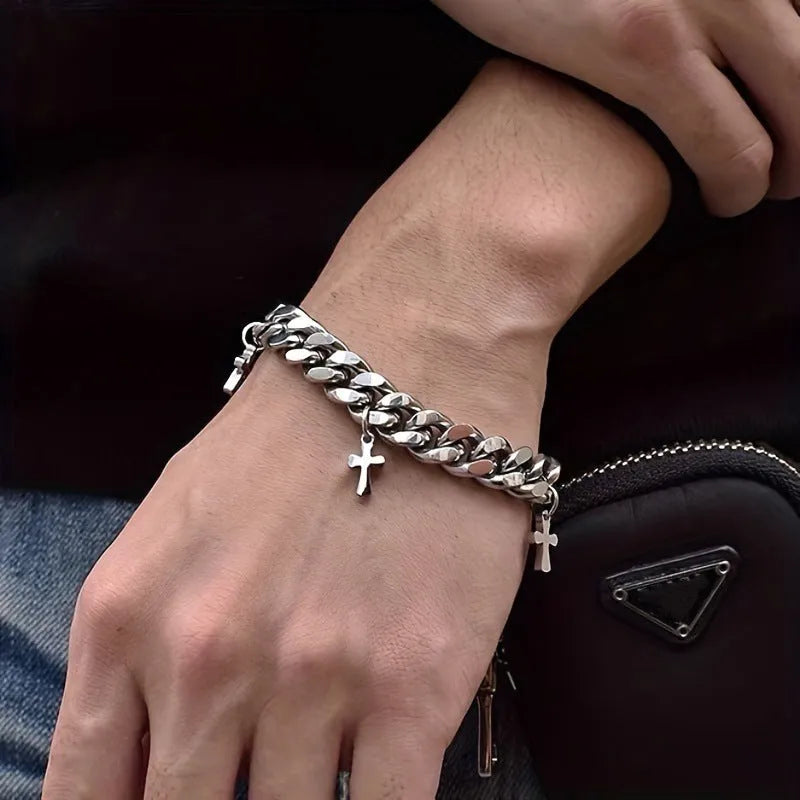 Men's geometric titanium steel cross bracelet with cold wind style design on wrist