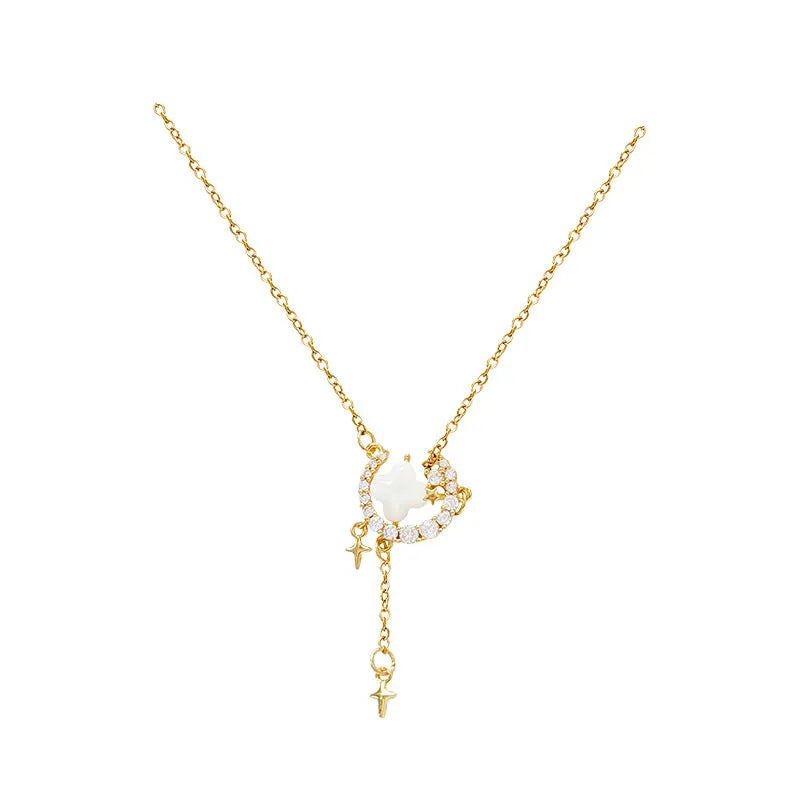Women's star moon zirconium necklace with adjustable copper chain in gold or silver colour