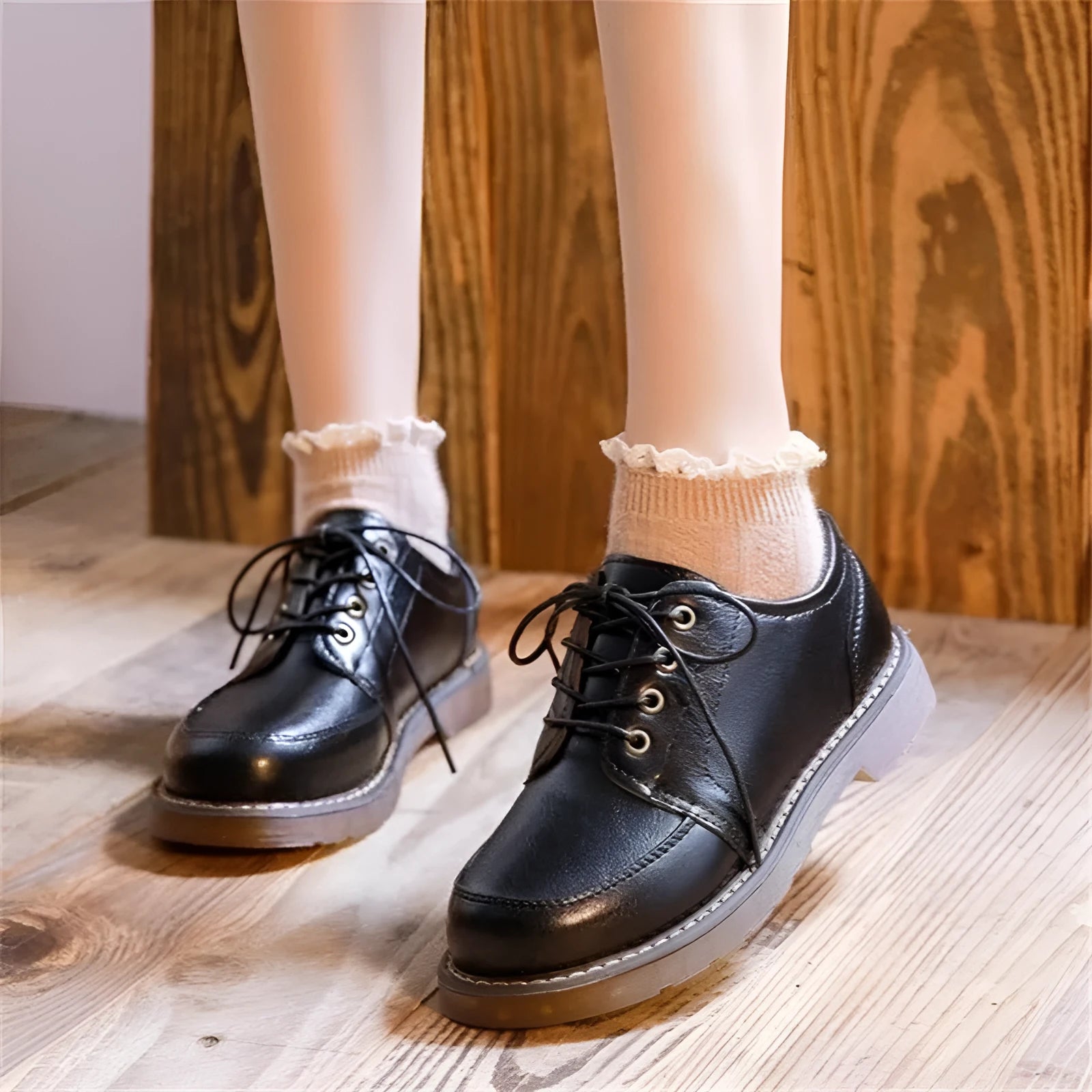 Black retro women's Mary Jane shoes with front lace-up and low square heel.