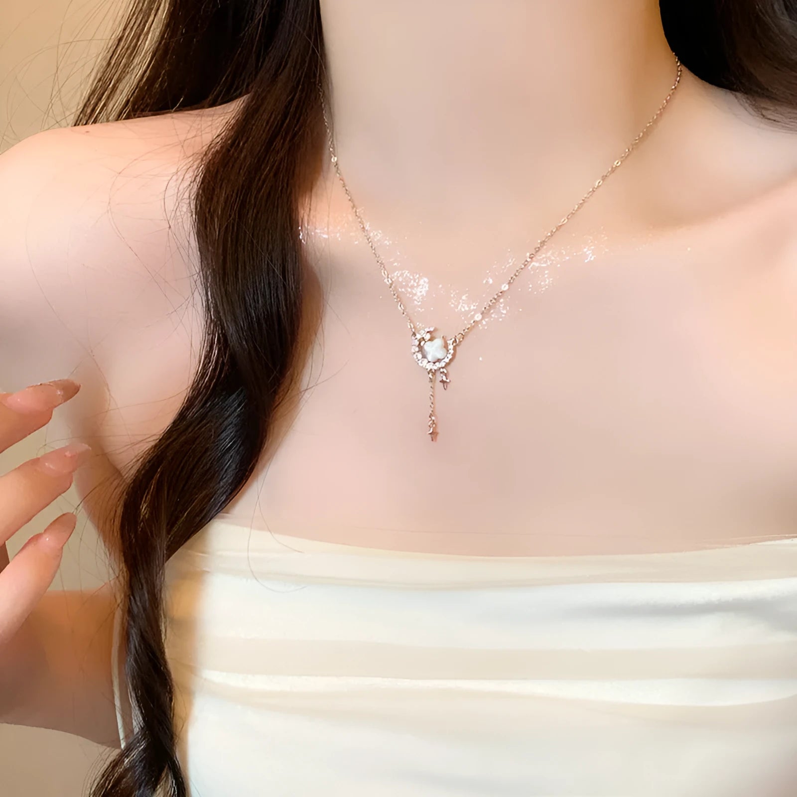 Women's star moon zirconium necklace with adjustable copper chain in gold or silver colour