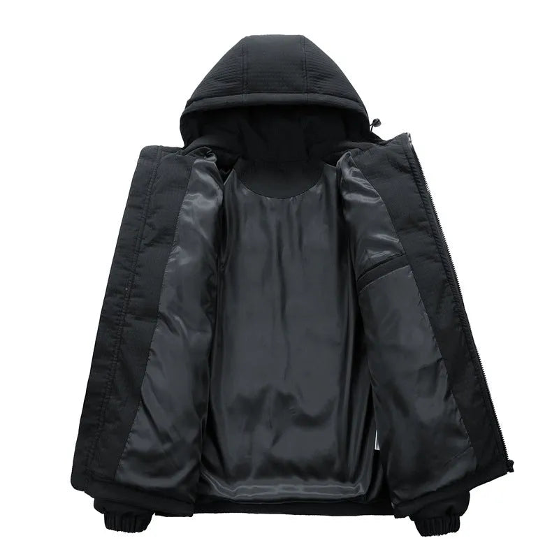 Men's black cotton-padded hooded winter coat with white letter-print design, Korean cardigan style with side pockets