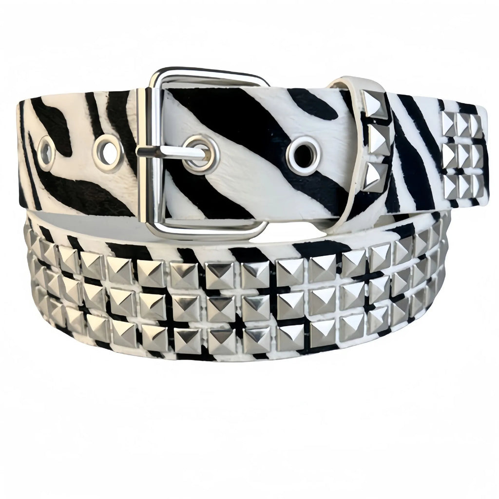Women's brown leopard print punk belt with metal pyramid studs and an alloy buckle.