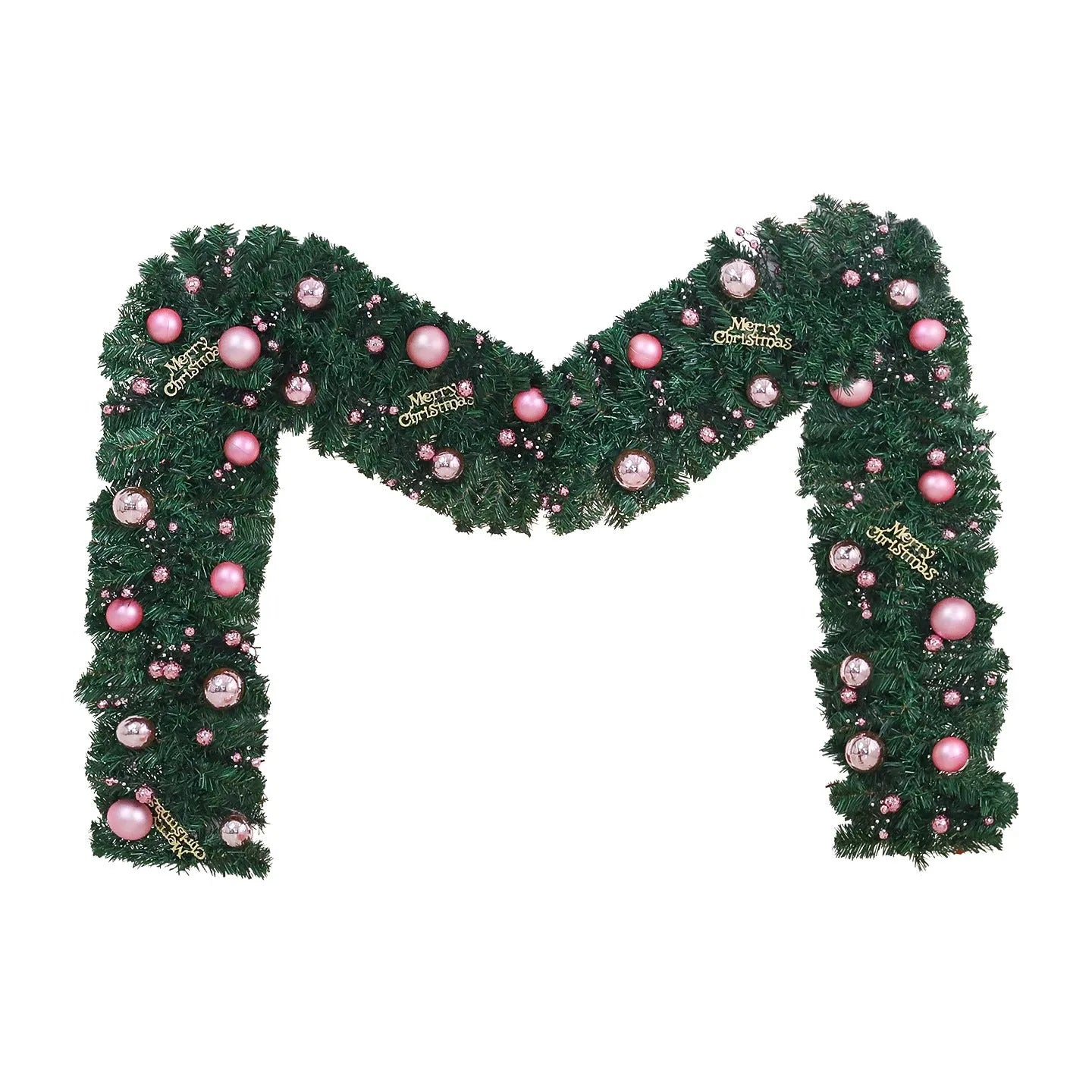 Long pink rattan Christmas garland with small fruit details and optional warm white lights draped on a mantle.