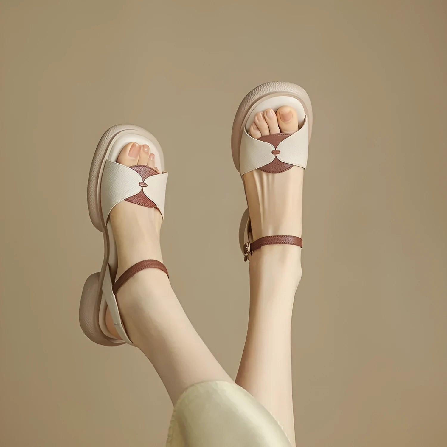 Women's beige platform sandals with chunky heel and open toe design on rubber sole