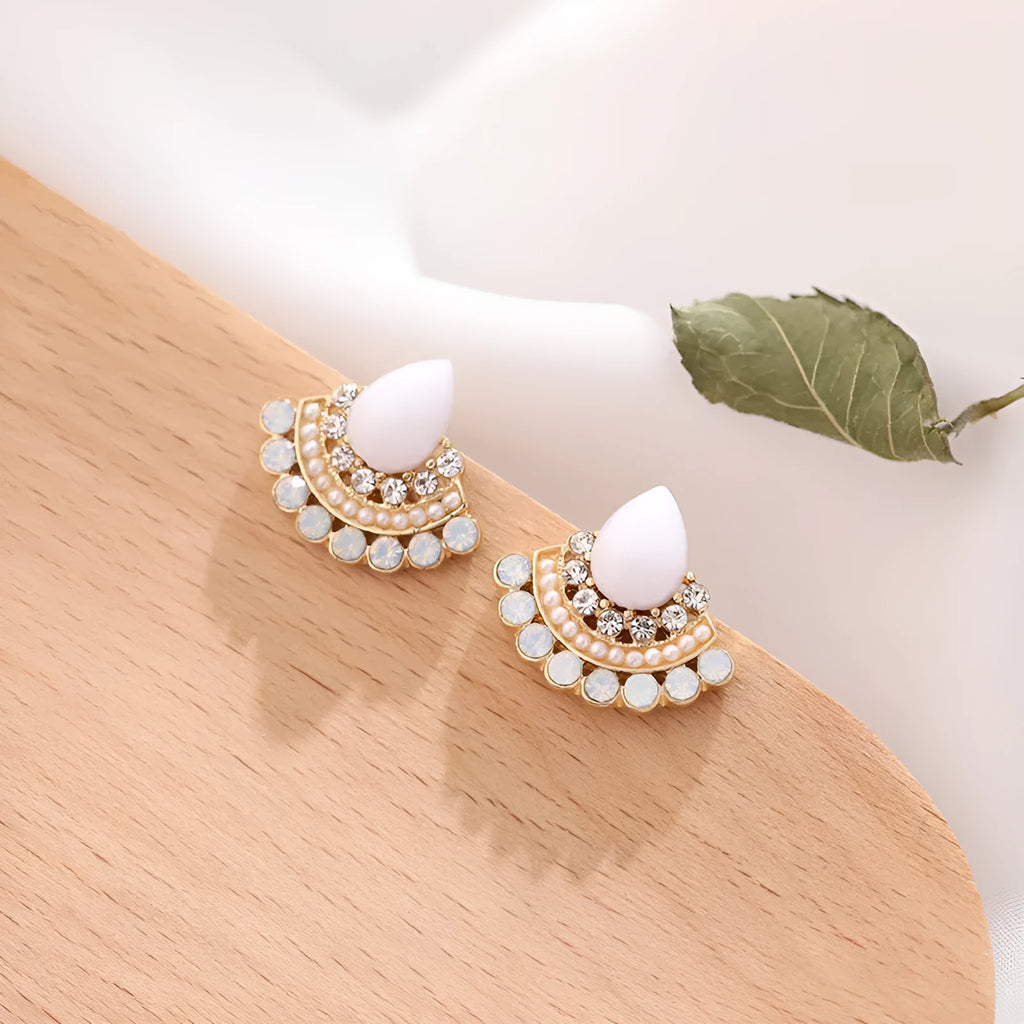 Women's retro fan-shaped geometric earrings with rhinestone detailing and sterling silver electroplated finish