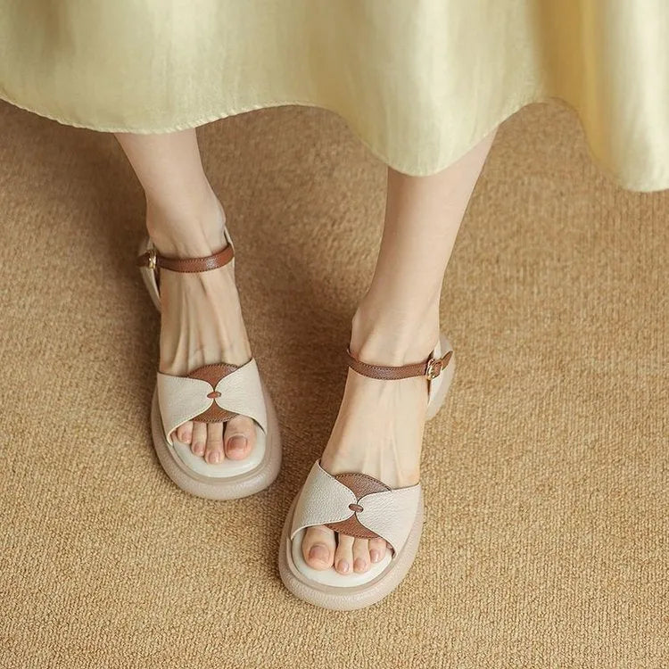 Women's beige platform sandals with chunky heel and open toe design on rubber sole