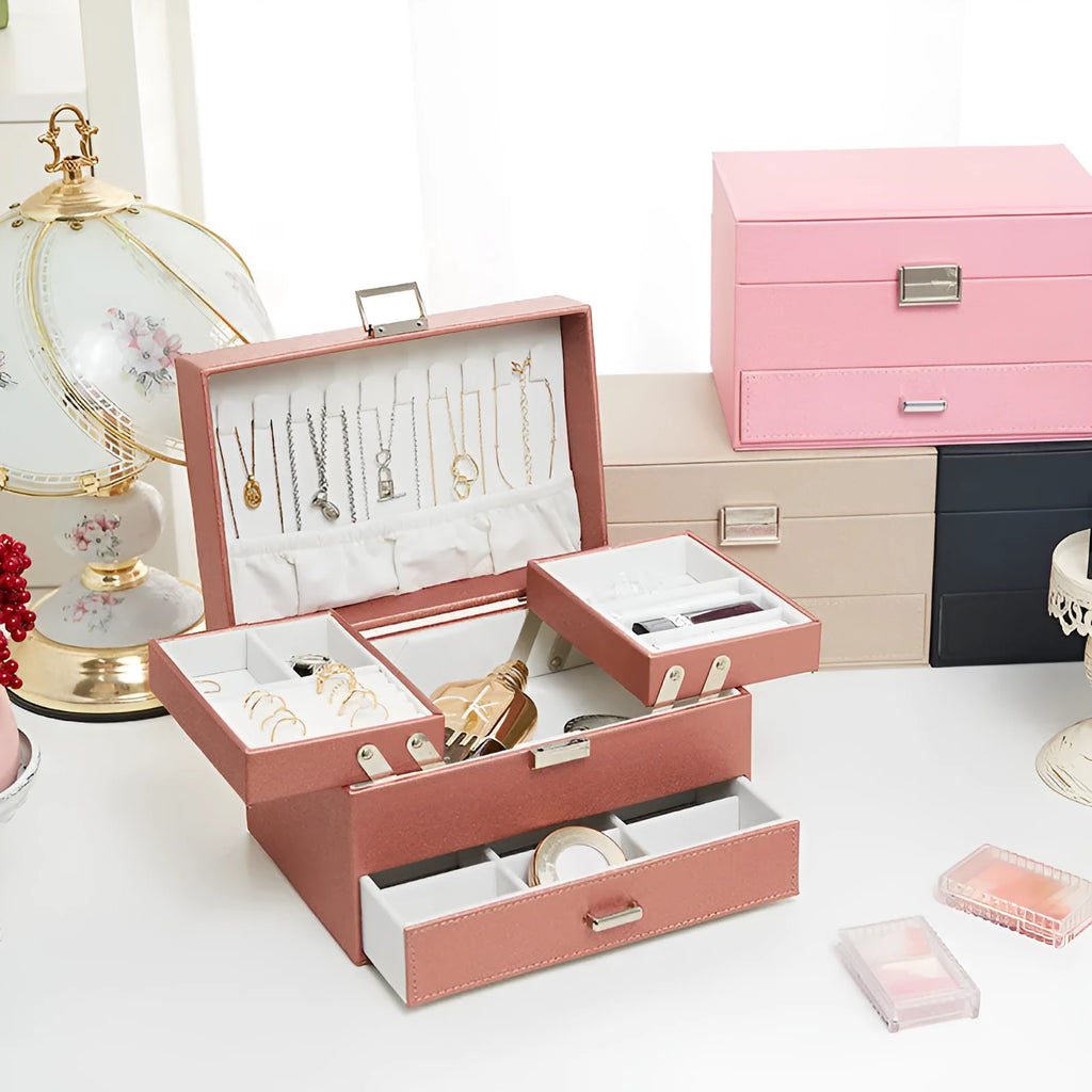 European style leather jewellery storage box in hard case design with solid colour exterior