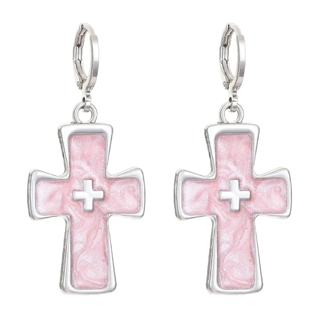 Women's alloy cross crystal earrings in five designs: white cross, peach heart, black cat, antique silver star.