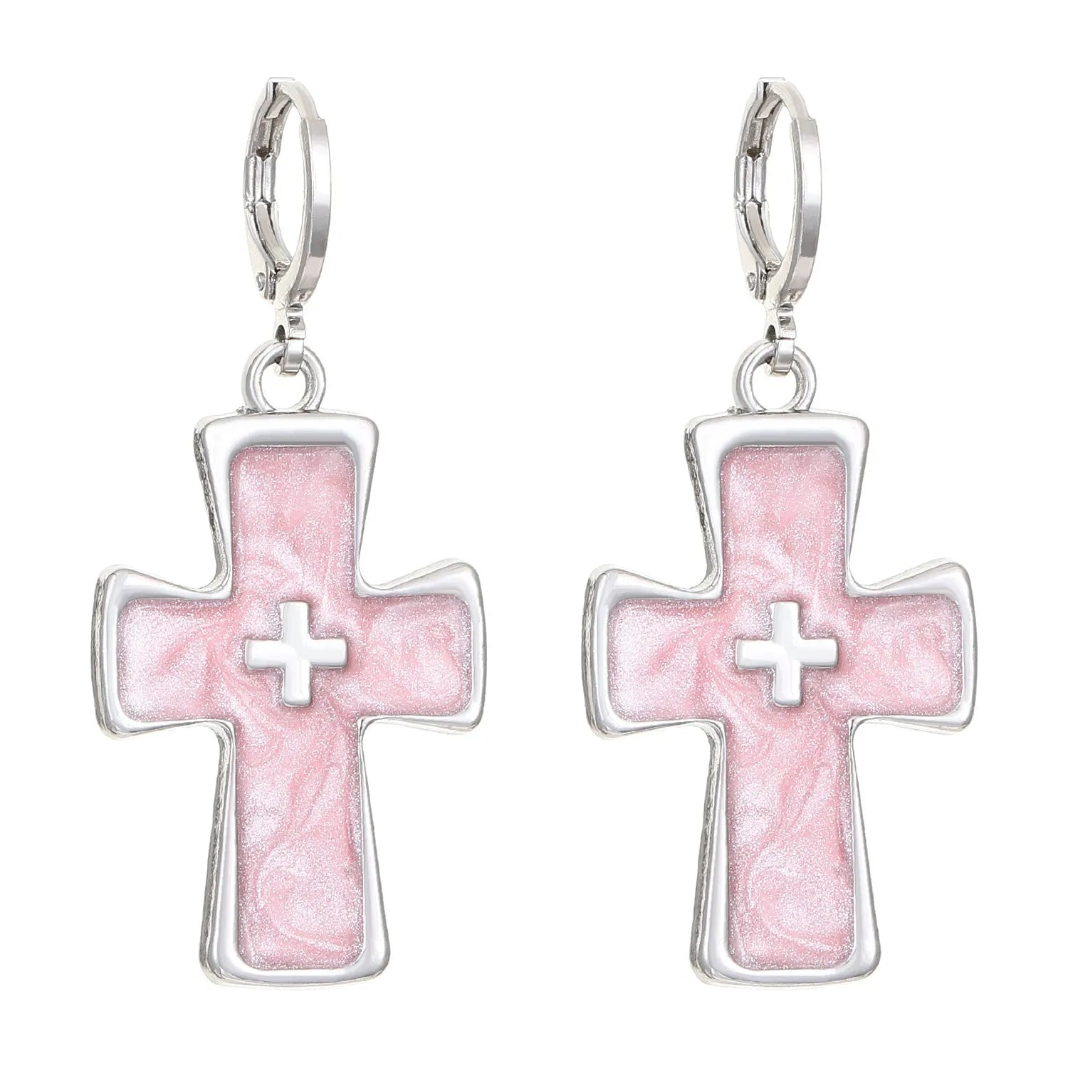 Women's alloy cross crystal earrings in five designs: white cross, peach heart, black cat, antique silver star.