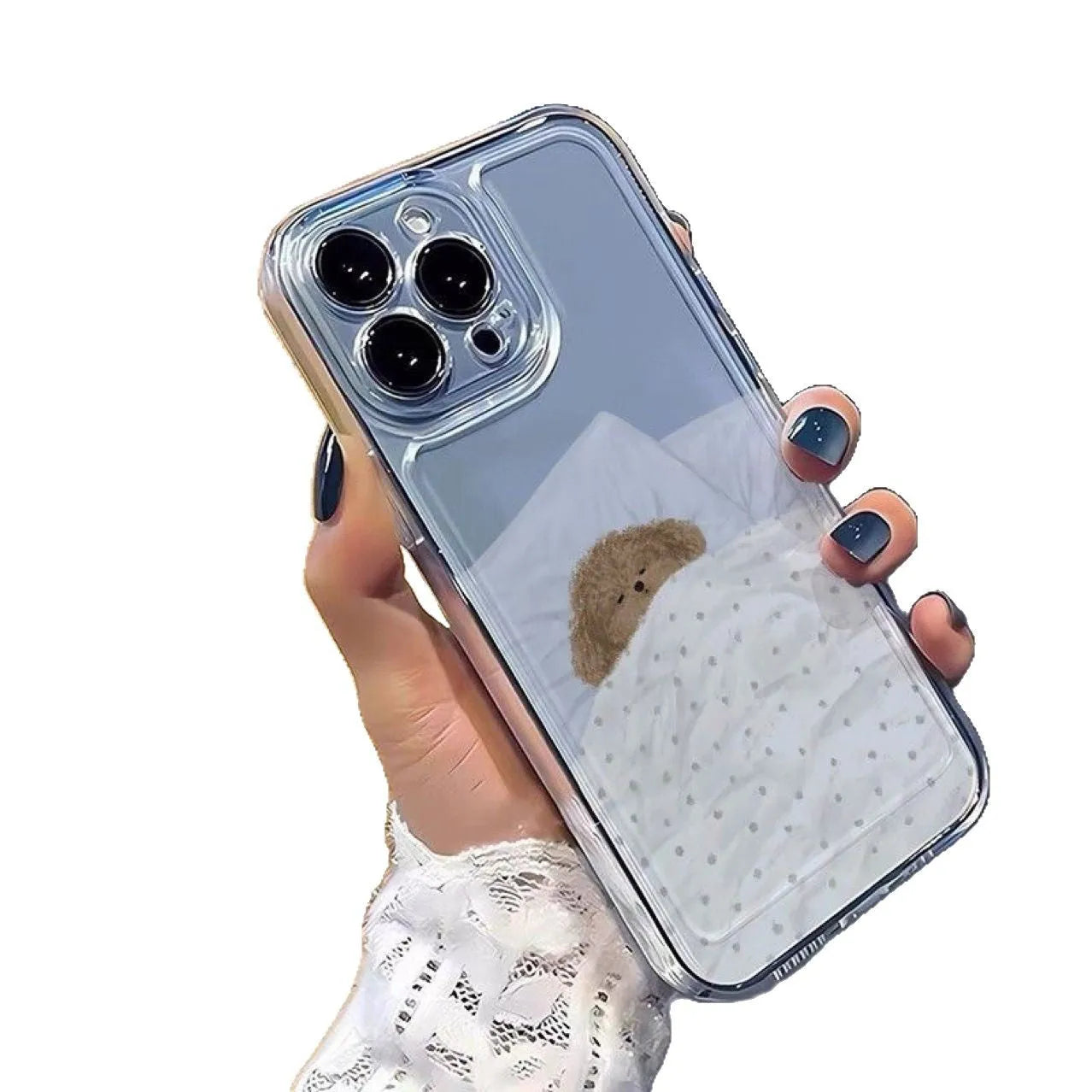 Transparent TPU phone case with sleeping cat pattern for Apple iPhone showing shockproof protective design