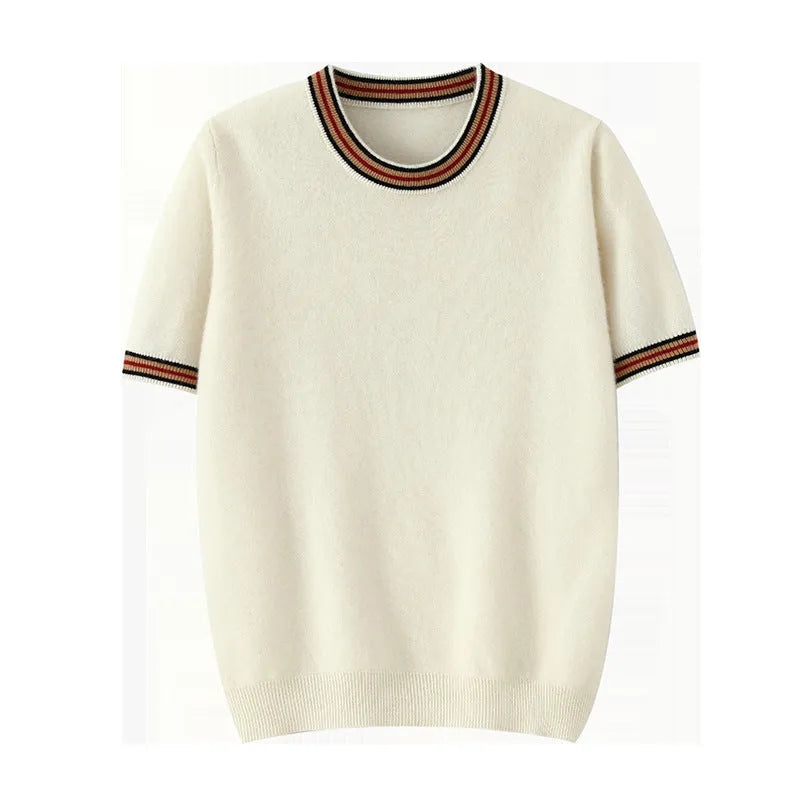 Men's pure wool short sleeve sweater in grey showing round neck and pullover design