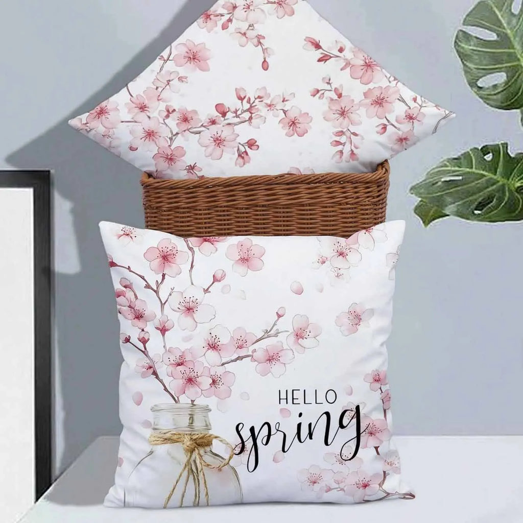 Square short velvet cushion cover with spring cherry blossom pattern, 45cm size.