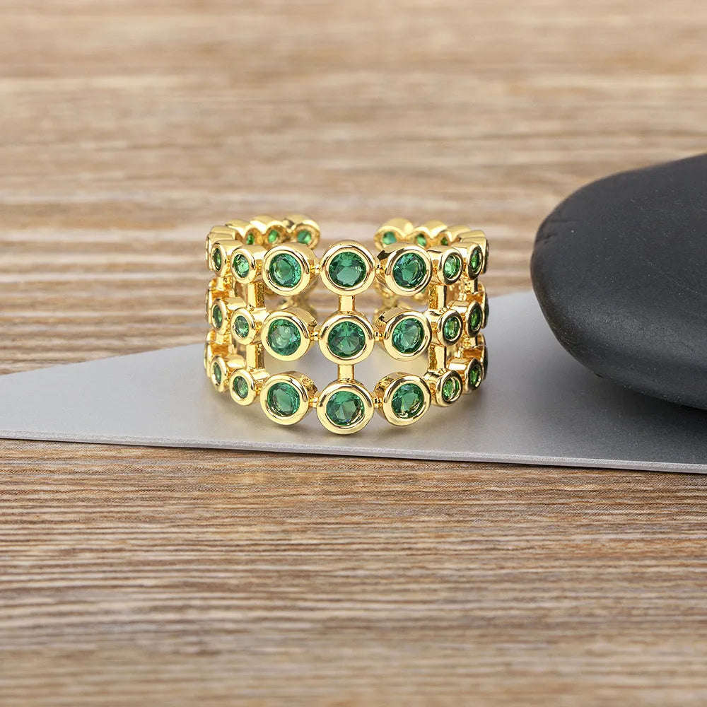 Men's wide copper ring with 18K gold plating and green zircon decoration