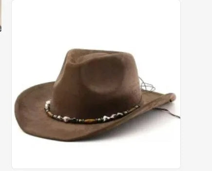 Brown leather velvet Western cowboy hat with curved brim and conical crown