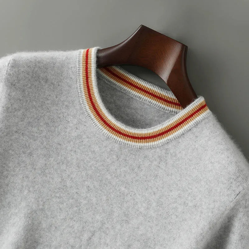 Men's pure wool short sleeve sweater in grey showing round neck and pullover design