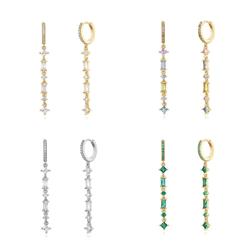 Geometric gold U-shaped earrings with a tassel and colourful zircon gemstones for women.
