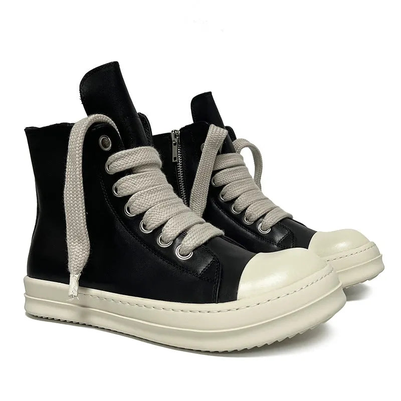 Black genuine leather high-top sneakers with side zipper and round toe on a rubber platform sole.
