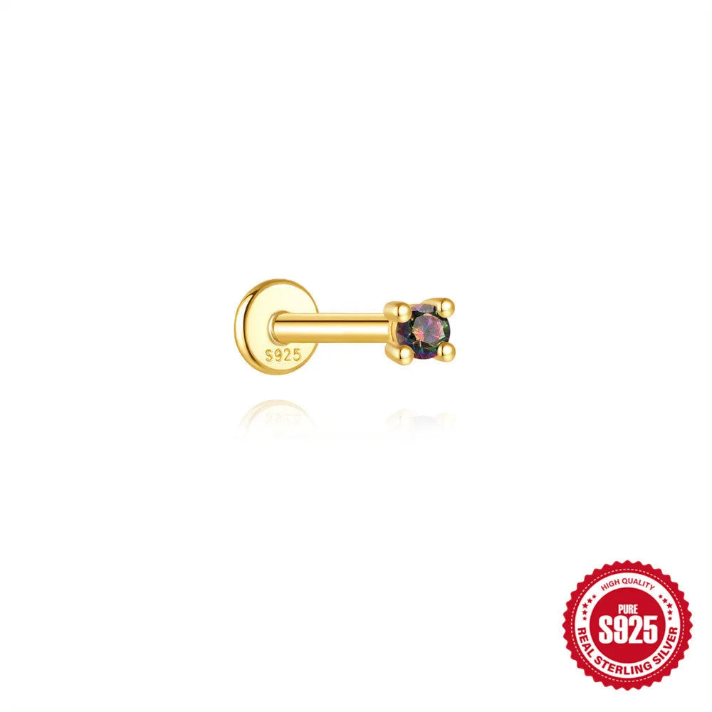 S925 sterling silver piercing earrings with super shiny rainbow stone and flat head thread in gold colour