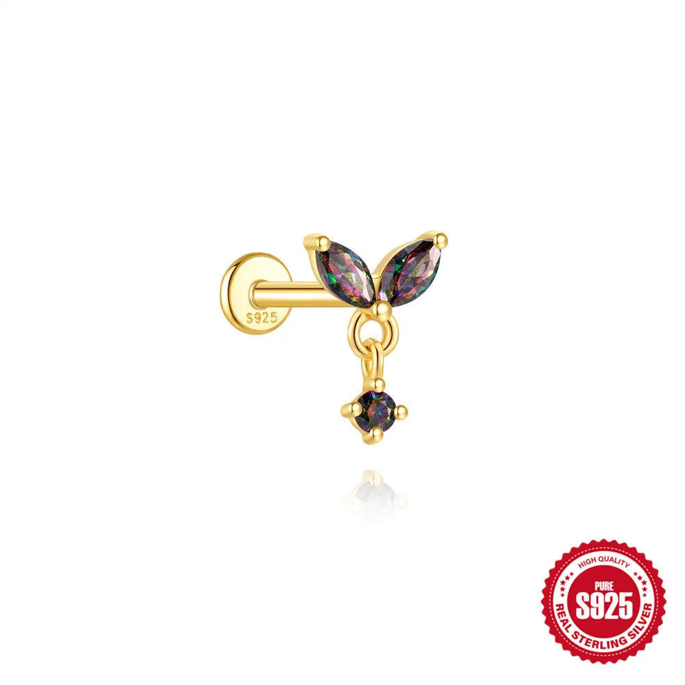 S925 sterling silver piercing earrings with super shiny rainbow stone and flat head thread in gold colour