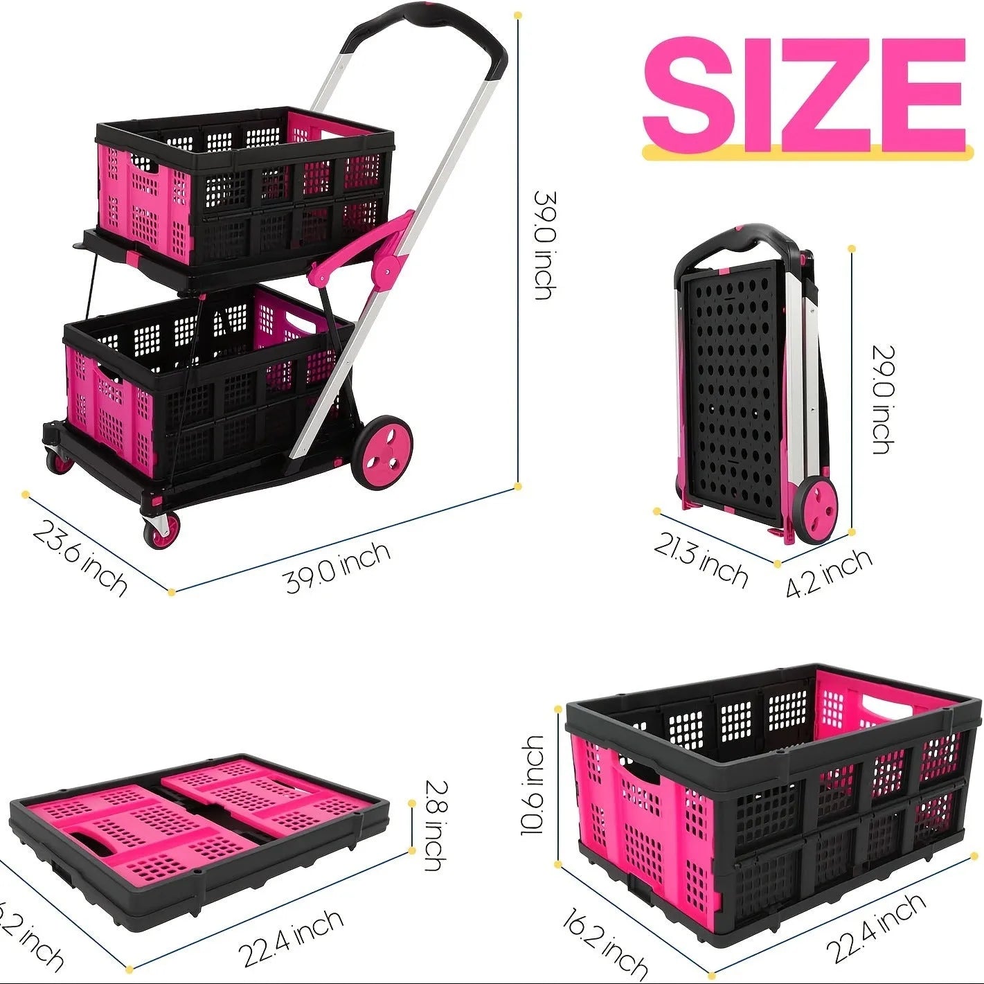 Foldable shopping cart with double-layer basket in selected colour option