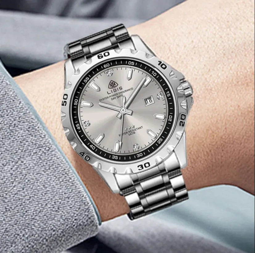Silver men's business watch with stainless steel strap and choice of black or grey dial.