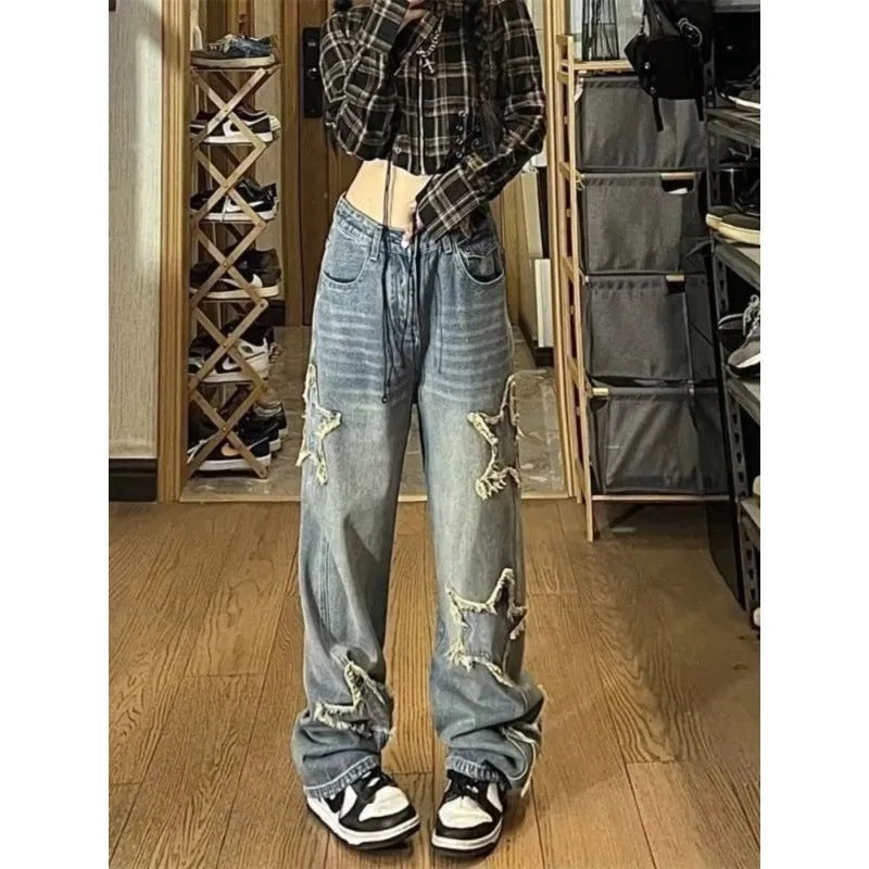 Blue straight-leg women's jeans with high waist design on hanger