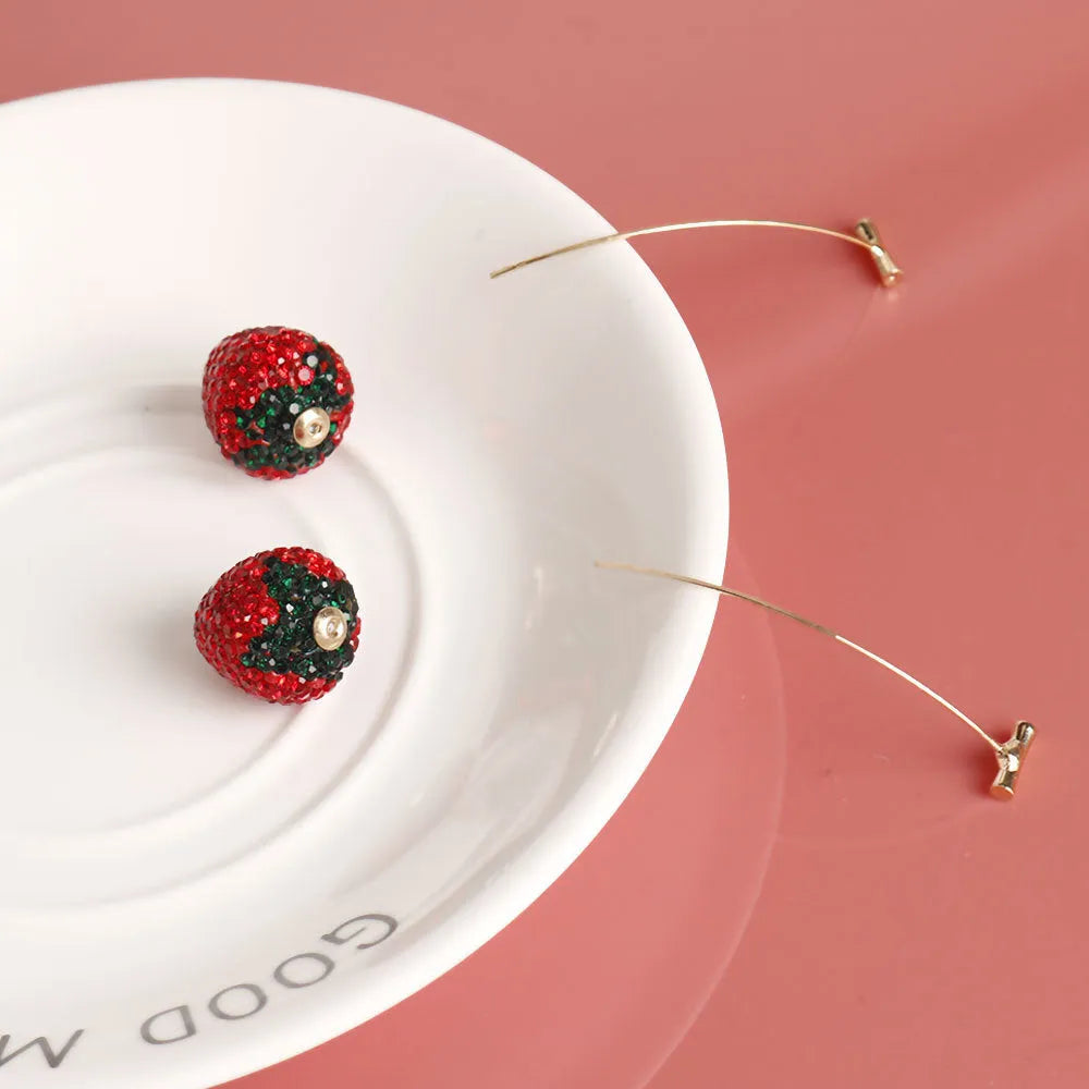 Geometric strawberry-shaped drop earrings for women in red zinc alloy.
