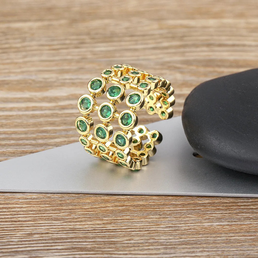 Men's wide copper ring with 18K gold plating and green zircon decoration