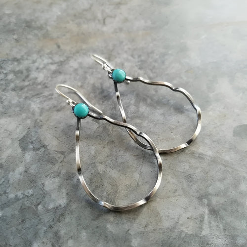 Bohemian style geometric circle earrings with turquoise accents in antique silver finish