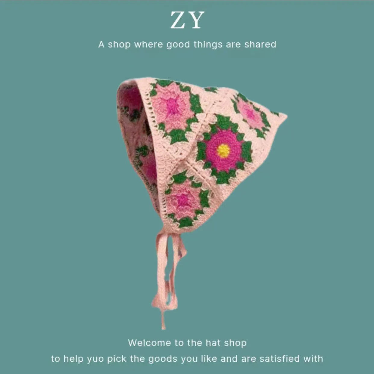 Cotton triangular headscarf with floral pattern in retro French style for women