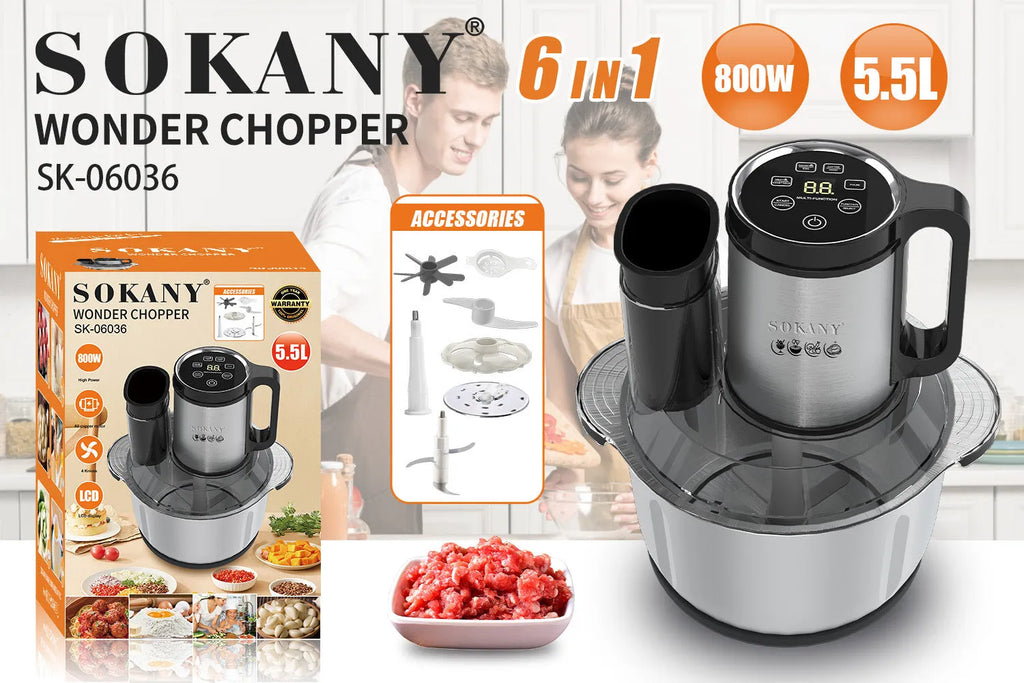 Stainless steel meat grinder machine for making baby food and sausages on a kitchen counter.