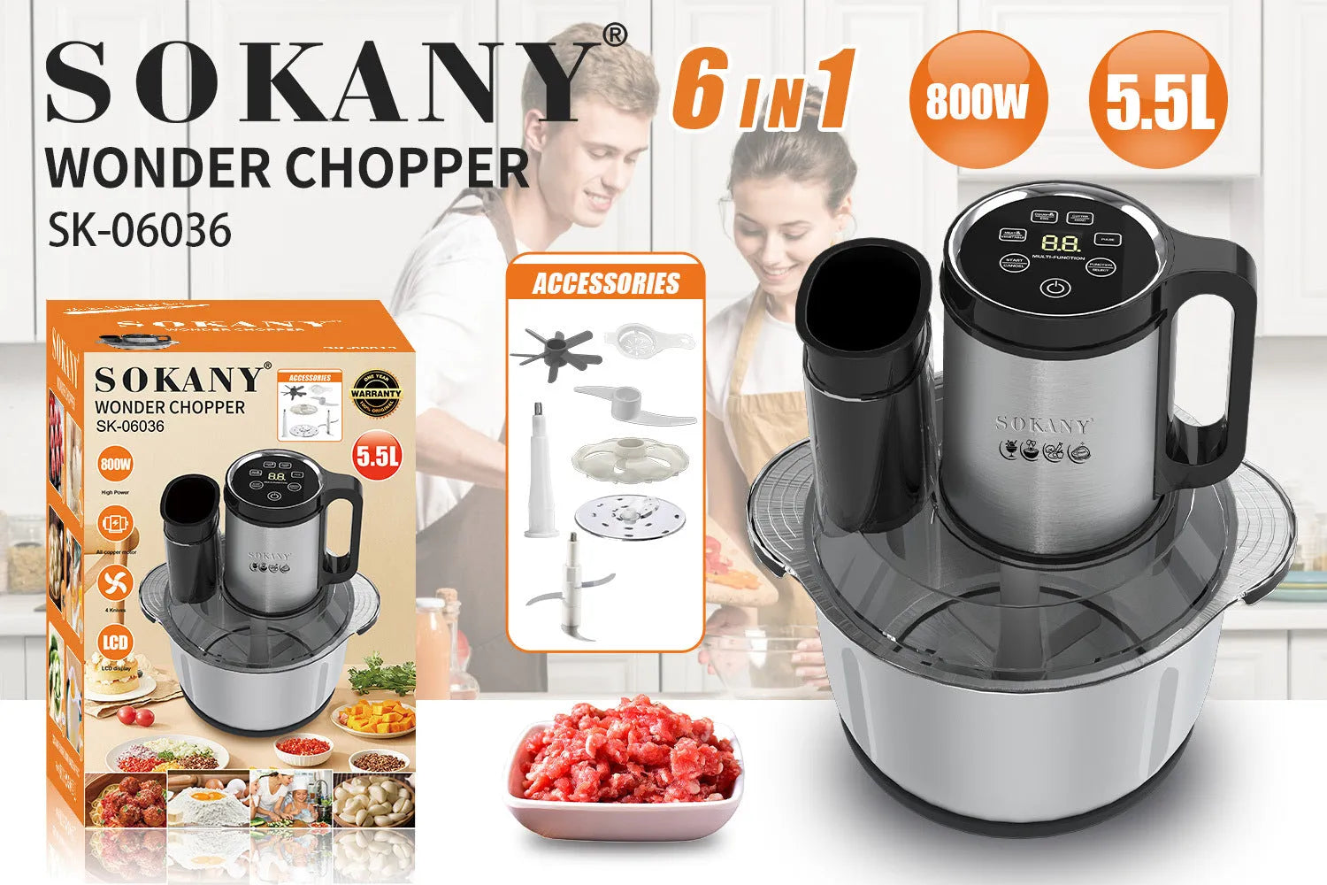 Stainless steel meat grinder machine for making baby food and sausages on a kitchen counter.