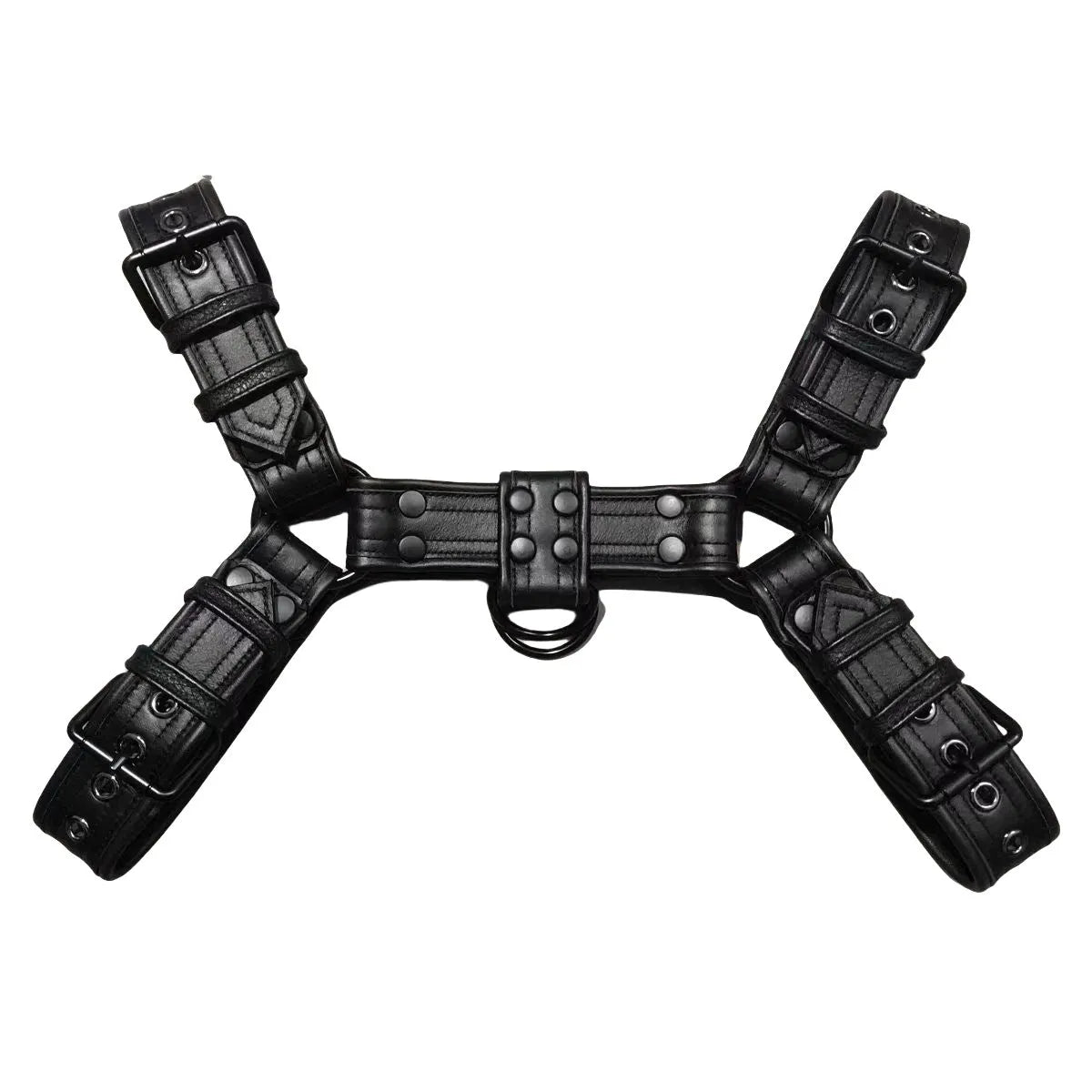 Black leather chest harness strap with a metal buckle and rivets on a neutral background.