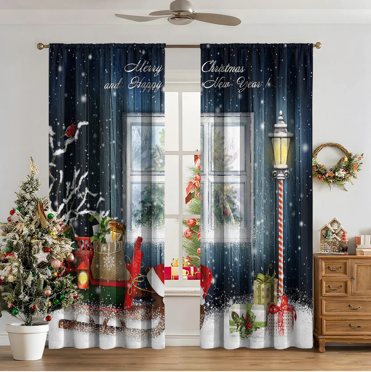 3D digitally printed Christmas curtain with modern simplicity design showing festive imagery