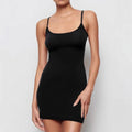 Black sling-style slim sheath dress with sleeveless design and mid-waist cut