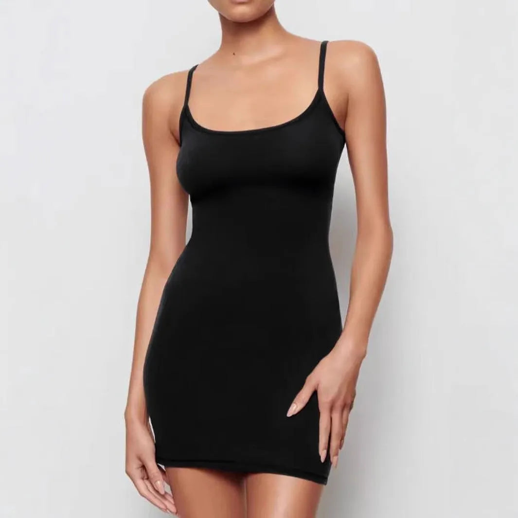 Black sling-style slim sheath dress with sleeveless design and mid-waist cut